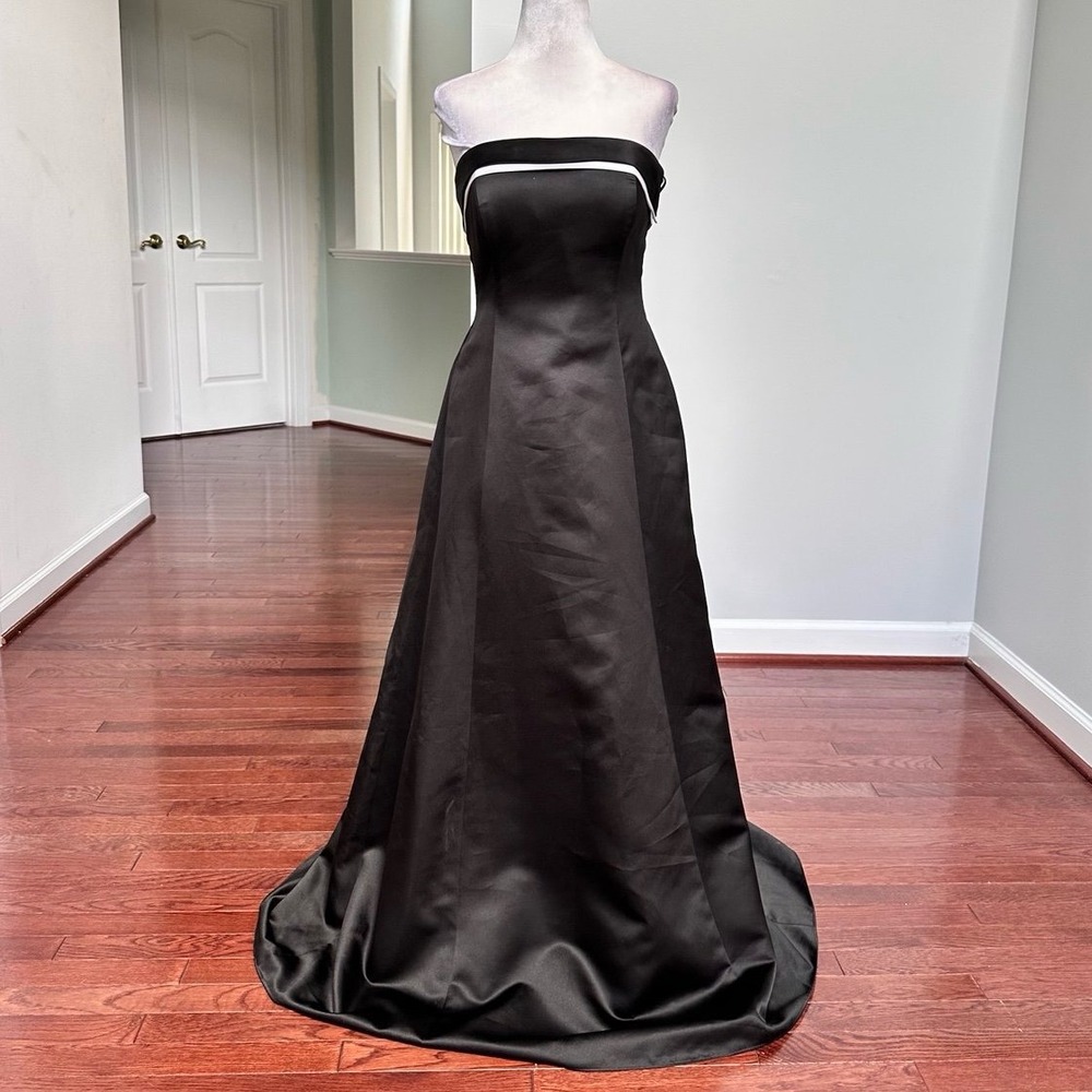 Vintage Michelangelo Black White Satin Strapless Fold Over Top Gown Dress Size 4